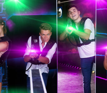 Kinderen spelen enthousiast met een lasergame set, rennend en mikkend met laserguns voor een actief en spannend spel.